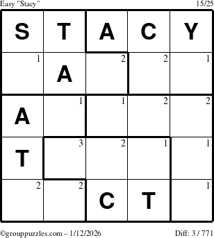 The grouppuzzles.com Easy Stacy puzzle for Monday January 12, 2026 with the first 3 steps marked