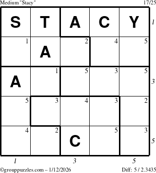 The grouppuzzles.com Medium Stacy puzzle for Monday January 12, 2026, suitable for printing, with all 5 steps marked