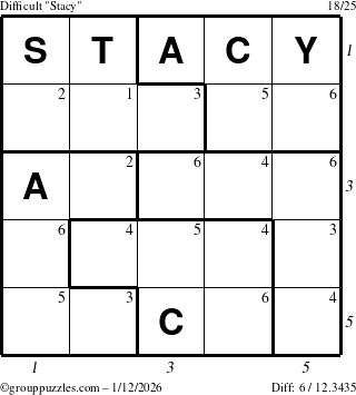 The grouppuzzles.com Difficult Stacy puzzle for Monday January 12, 2026, suitable for printing, with all 6 steps marked