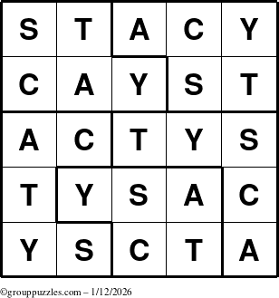The grouppuzzles.com Answer grid for the Stacy puzzle for Monday January 12, 2026
