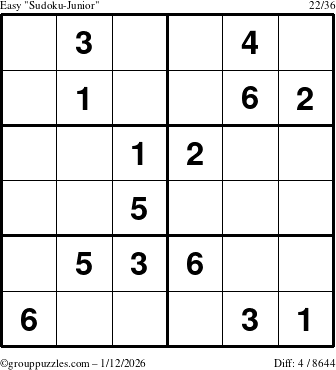 The grouppuzzles.com Easy Sudoku-Junior puzzle for Monday January 12, 2026