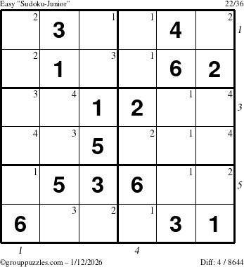 The grouppuzzles.com Easy Sudoku-Junior puzzle for Monday January 12, 2026 with all 4 steps marked