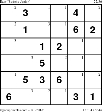 The grouppuzzles.com Easy Sudoku-Junior puzzle for Monday January 12, 2026 with the first 3 steps marked