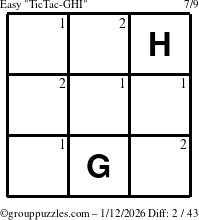 The grouppuzzles.com Easy TicTac-GHI puzzle for Monday January 12, 2026 with the first 2 steps marked