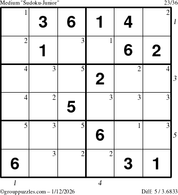 The grouppuzzles.com Medium Sudoku-Junior puzzle for Monday January 12, 2026, suitable for printing, with all 5 steps marked