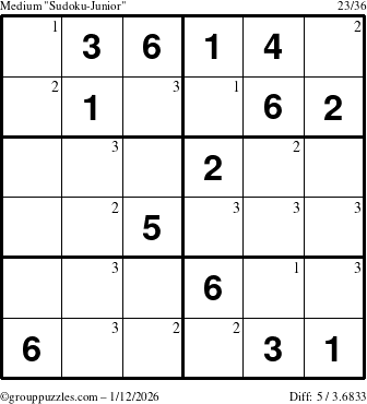 The grouppuzzles.com Medium Sudoku-Junior puzzle for Monday January 12, 2026 with the first 3 steps marked