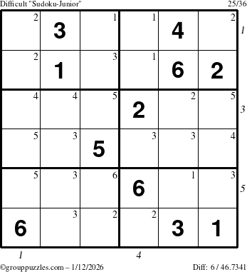The grouppuzzles.com Difficult Sudoku-Junior puzzle for Monday January 12, 2026 with all 6 steps marked