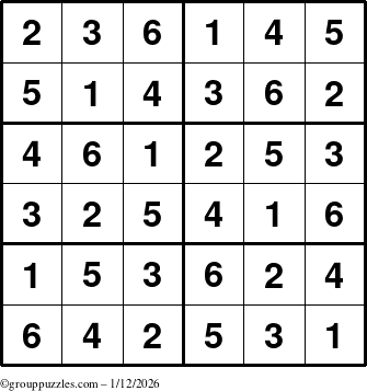 The grouppuzzles.com Answer grid for the Sudoku-Junior puzzle for Monday January 12, 2026
