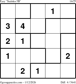 The grouppuzzles.com Easy Sudoku-5B puzzle for Monday January 12, 2026