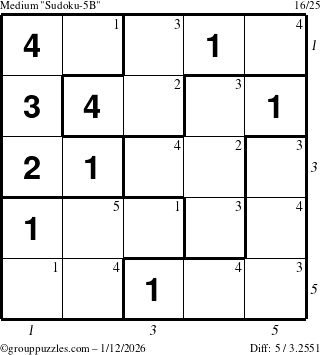 The grouppuzzles.com Medium Sudoku-5B puzzle for Monday January 12, 2026, suitable for printing, with all 5 steps marked