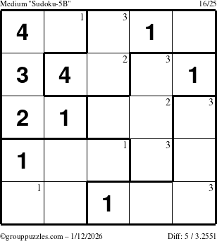 The grouppuzzles.com Medium Sudoku-5B puzzle for Monday January 12, 2026 with the first 3 steps marked