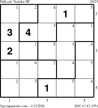The grouppuzzles.com Difficult Sudoku-5B puzzle for Monday January 12, 2026, suitable for printing, with all 6 steps marked
