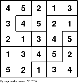 The grouppuzzles.com Answer grid for the Sudoku-5B puzzle for Monday January 12, 2026