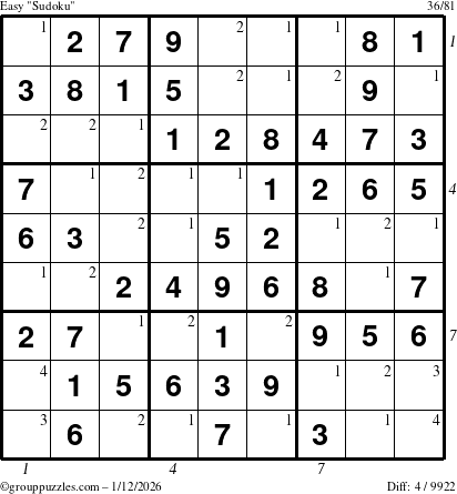 The grouppuzzles.com Easy Sudoku puzzle for Monday January 12, 2026 with all 4 steps marked