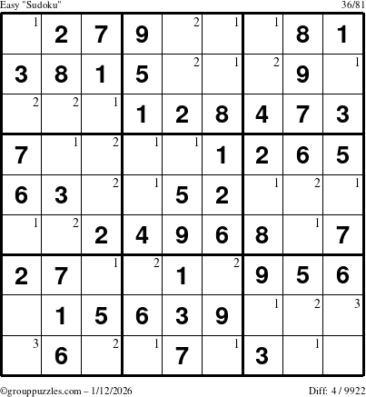 The grouppuzzles.com Easy Sudoku puzzle for Monday January 12, 2026 with the first 3 steps marked