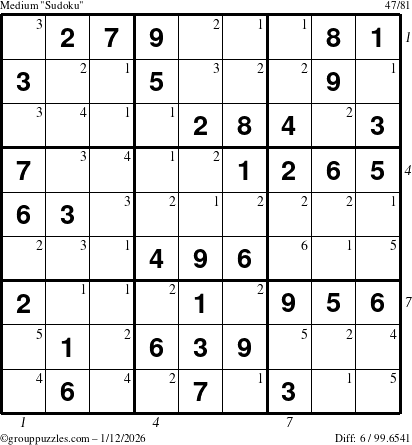 The grouppuzzles.com Medium Sudoku puzzle for Monday January 12, 2026 with all 6 steps marked