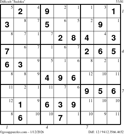 The grouppuzzles.com Difficult Sudoku puzzle for Monday January 12, 2026 with all 12 steps marked