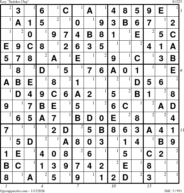 The grouppuzzles.com Easy Sudoku-15up puzzle for Monday January 12, 2026 with all 3 steps marked