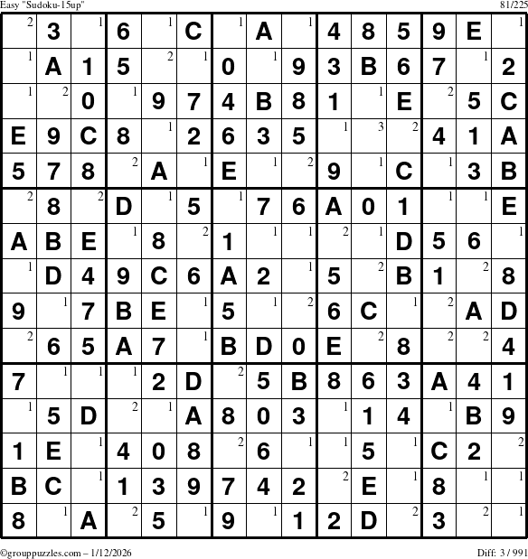 The grouppuzzles.com Easy Sudoku-15up puzzle for Monday January 12, 2026 with the first 3 steps marked