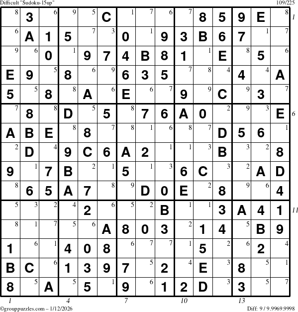 The grouppuzzles.com Difficult Sudoku-15up puzzle for Monday January 12, 2026, suitable for printing, with all 9 steps marked