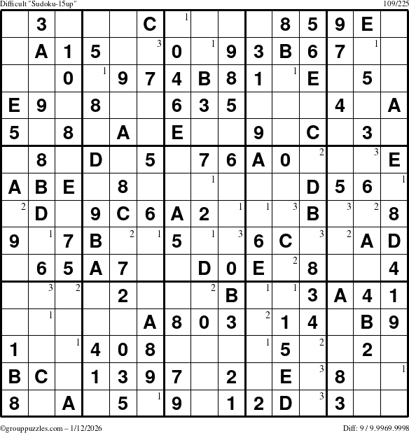The grouppuzzles.com Difficult Sudoku-15up puzzle for Monday January 12, 2026 with the first 3 steps marked