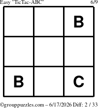 The grouppuzzles.com Easy TicTac-ABC puzzle for Wednesday June 17, 2026
