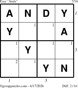 The grouppuzzles.com Easy Andy puzzle for Wednesday June 17, 2026 with all 2 steps marked
