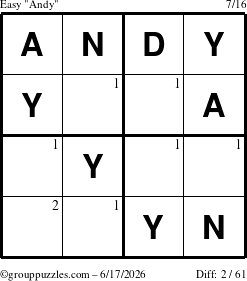 The grouppuzzles.com Easy Andy puzzle for Wednesday June 17, 2026 with the first 2 steps marked