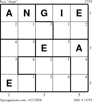 The grouppuzzles.com Easy Angie puzzle for Wednesday June 17, 2026 with all 4 steps marked