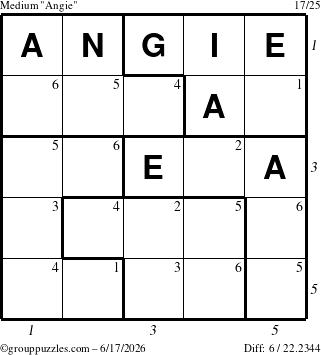 The grouppuzzles.com Medium Angie puzzle for Wednesday June 17, 2026, suitable for printing, with all 6 steps marked