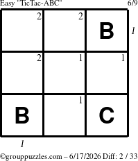 The grouppuzzles.com Easy TicTac-ABC puzzle for Wednesday June 17, 2026, suitable for printing, with all 2 steps marked