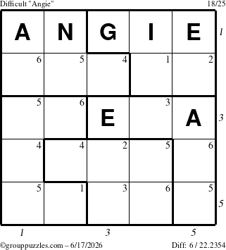 The grouppuzzles.com Difficult Angie puzzle for Wednesday June 17, 2026, suitable for printing, with all 6 steps marked