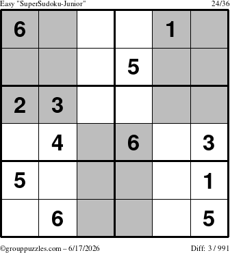 The grouppuzzles.com Easy SuperSudoku-Junior puzzle for Wednesday June 17, 2026