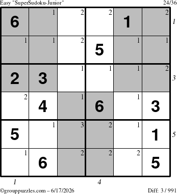 The grouppuzzles.com Easy SuperSudoku-Junior puzzle for Wednesday June 17, 2026, suitable for printing, with all 3 steps marked
