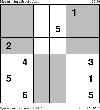 The grouppuzzles.com Medium SuperSudoku-Junior puzzle for Wednesday June 17, 2026