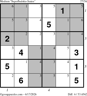 The grouppuzzles.com Medium SuperSudoku-Junior puzzle for Wednesday June 17, 2026, suitable for printing, with all 6 steps marked