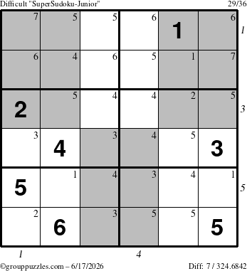 The grouppuzzles.com Difficult SuperSudoku-Junior puzzle for Wednesday June 17, 2026 with all 7 steps marked