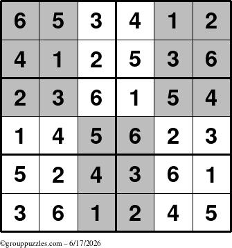 The grouppuzzles.com Answer grid for the SuperSudoku-Junior puzzle for Wednesday June 17, 2026