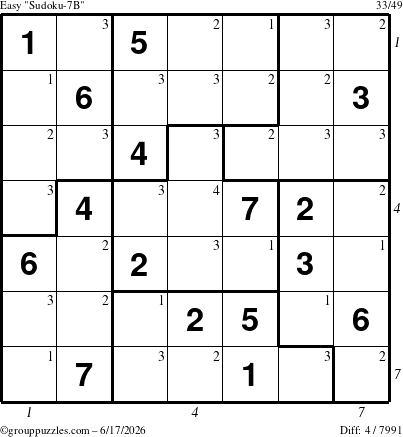 The grouppuzzles.com Easy Sudoku-7B puzzle for Wednesday June 17, 2026, suitable for printing, with all 4 steps marked