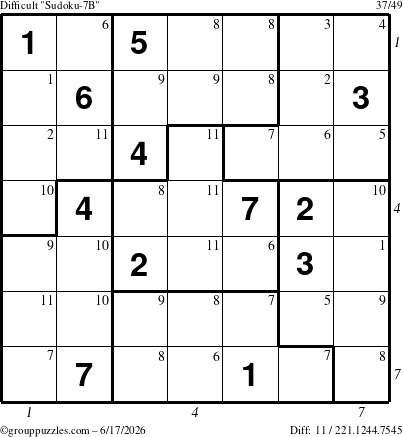 The grouppuzzles.com Difficult Sudoku-7B puzzle for Wednesday June 17, 2026 with all 11 steps marked