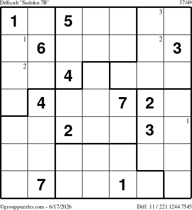 The grouppuzzles.com Difficult Sudoku-7B puzzle for Wednesday June 17, 2026 with the first 3 steps marked
