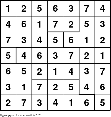 The grouppuzzles.com Answer grid for the Sudoku-7B puzzle for Wednesday June 17, 2026
