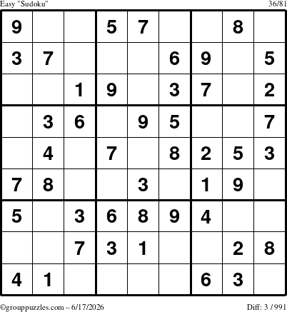 The grouppuzzles.com Easy Sudoku puzzle for Wednesday June 17, 2026