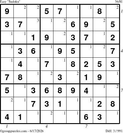 The grouppuzzles.com Easy Sudoku puzzle for Wednesday June 17, 2026, suitable for printing, with all 3 steps marked