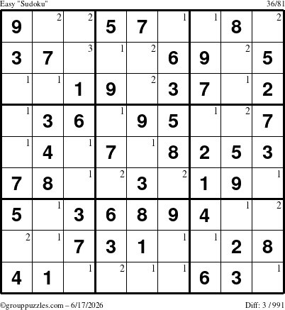 The grouppuzzles.com Easy Sudoku puzzle for Wednesday June 17, 2026 with the first 3 steps marked