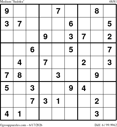 The grouppuzzles.com Medium Sudoku puzzle for Wednesday June 17, 2026