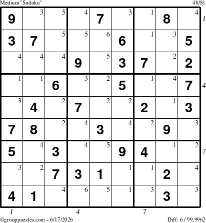 The grouppuzzles.com Medium Sudoku puzzle for Wednesday June 17, 2026, suitable for printing, with all 6 steps marked