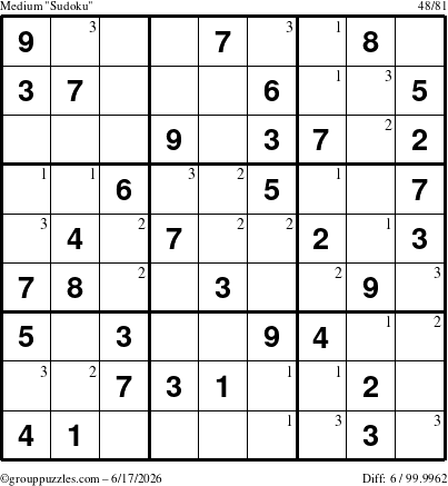 The grouppuzzles.com Medium Sudoku puzzle for Wednesday June 17, 2026 with the first 3 steps marked