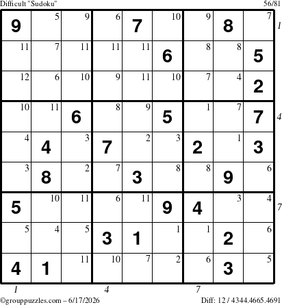 The grouppuzzles.com Difficult Sudoku puzzle for Wednesday June 17, 2026, suitable for printing, with all 12 steps marked
