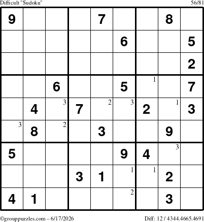 The grouppuzzles.com Difficult Sudoku puzzle for Wednesday June 17, 2026 with the first 3 steps marked